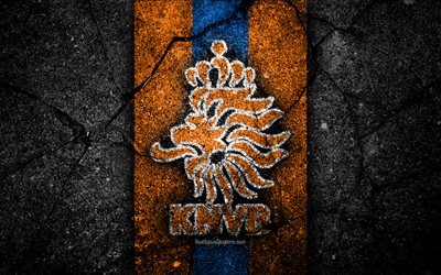 Netherlandish football team, 4k, emblem, UEFA, Europe, football, asphalt texture, soccer, Netherlands, European national football teams, Netherlands national football team