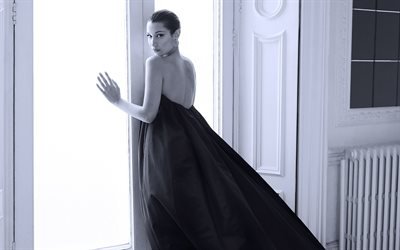 Bella Hadid, photoshoot, black luxury dress, American supermodel, beautiful brunette