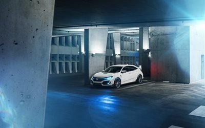 Honda Civic Type R, 4k, parking, 2018 voitures, tuning, blanc Civic, Honda