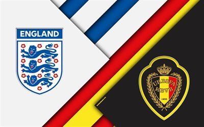 england vs belgien, fu&#223;ball-match, 4k, 2018 fifa world cup, gruppe g, logos, material, design, abstraktion, russland 2018, fu&#223;ball -, national-teams, kreative kunst, promo