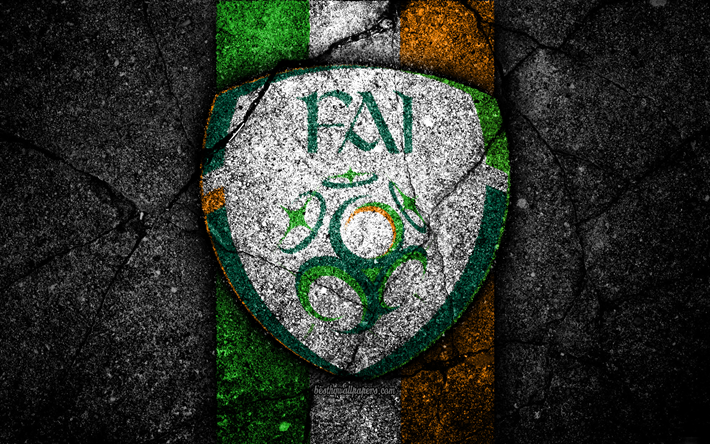 Irland&#234;s de time de futebol, 4k, emblema, A UEFA, Europa, futebol, a textura do asfalto, Irlanda, Nacionais europeus de times de futebol, Irlanda equipa nacional de futebol