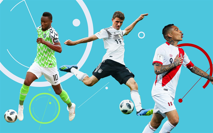Thomas Muller, Jefferson Farfan, Mohammad Al-Sahlawi, l&#39;arte, la Coppa del Mondo FIFA 2018, la Russia 2018, calcio, astratto sfondo