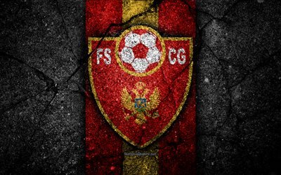 Montenegro fotboll, 4k, emblem, UEFA, Europa, fotboll, asfalt konsistens, Montenegro, Europeiska nationella fotbollslag, Montenegro landslaget