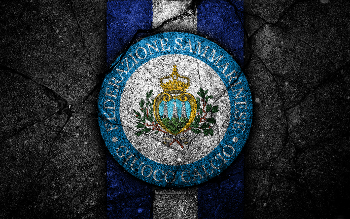 San Marino fotboll, 4k, emblem, UEFA, Europa, fotboll, asfalt konsistens, San Marino, Europeiska nationella fotbollslag, San Marinos landslag i fotboll