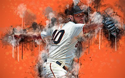 Madison Kyle Bumgarner, 4k, art, American baseball player, portrait, creative art, grunge style, San Francisco Giants, MLB, Pitcher, orange grunge background, Major League Baseball