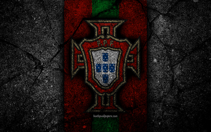 ポルトガル語サッカーチーム, 4k, エンブレム, UEFA, 欧州, サッカー, アスファルトの質感, ポルトガル, 欧州の国立サッカーチーム, ポルトガル代表サッカーチーム