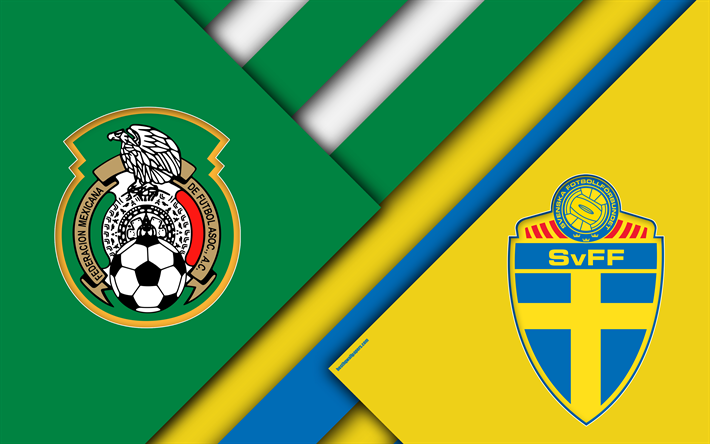 Mexico vs Sweden, football match, 4k, 2018 FIFA World Cup, Group F, logos, material design, abstraction, Russia 2018, football, national teams, creative art, promo