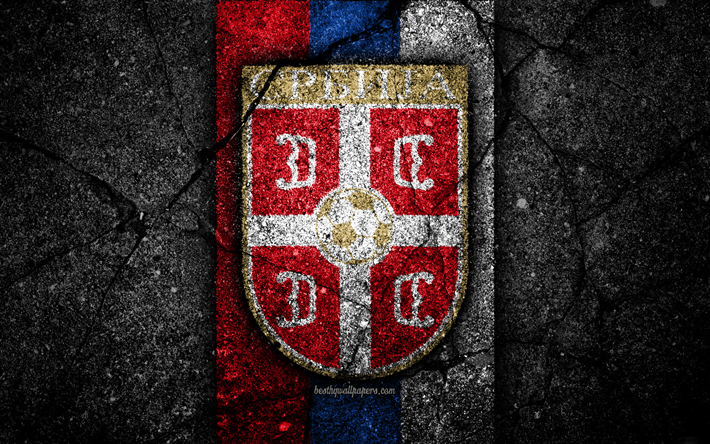 Serbian football team, 4k, emblem, UEFA, Europe, football, asphalt texture, soccer, Serbia, European national football teams, Serbia national football team