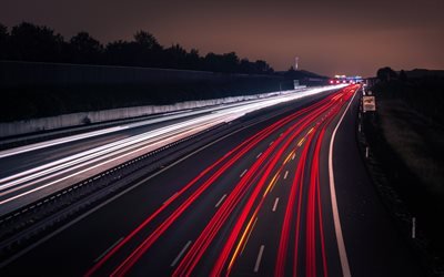 freeway, evening, night, lights of car lanterns, motion blur, road, highway