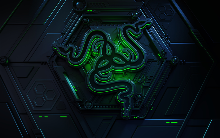 4k, Razer, Logo em 3d, criativo, Log&#243;tipo da Razer, verde neon, arte