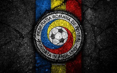Rumano equipo de f&#250;tbol, 4k, con el emblema de la UEFA, Europa, el f&#250;tbol, el asfalto, la textura, Rumania, Europeo, nacional de equipos de f&#250;tbol, equipo nacional de f&#250;tbol de Rumania