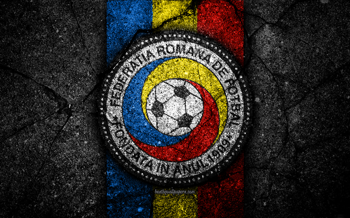 Romanian football team, 4k, emblem, UEFA, Europe, football, asphalt texture, soccer, Romania, European national football teams, Romania national football team