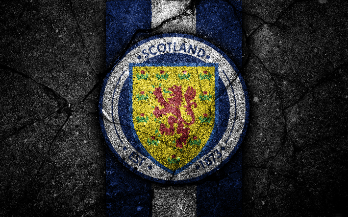 Skotsk fotboll, 4k, emblem, UEFA, Europa, fotboll, asfalt konsistens, Skottland, Europeiska nationella fotbollslag, Skottland fotboll