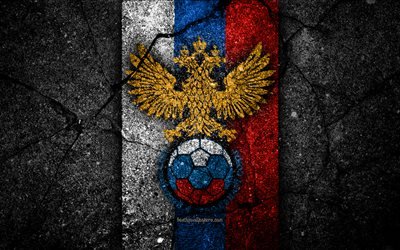 Russian football team, 4k, emblem, UEFA, Europe, football, asphalt texture, soccer, Russia, European national football teams, Russia national football team