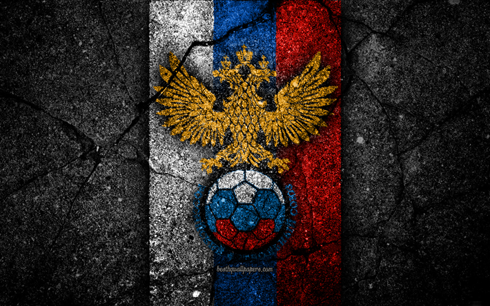 Russo squadra di calcio, 4k, emblema, la UEFA, l&#39;Europa, il calcio, l&#39;asfalto texture, calcio, Russia, Europeo per squadre nazionali di calcio, squadra nazionale di calcio della Russia