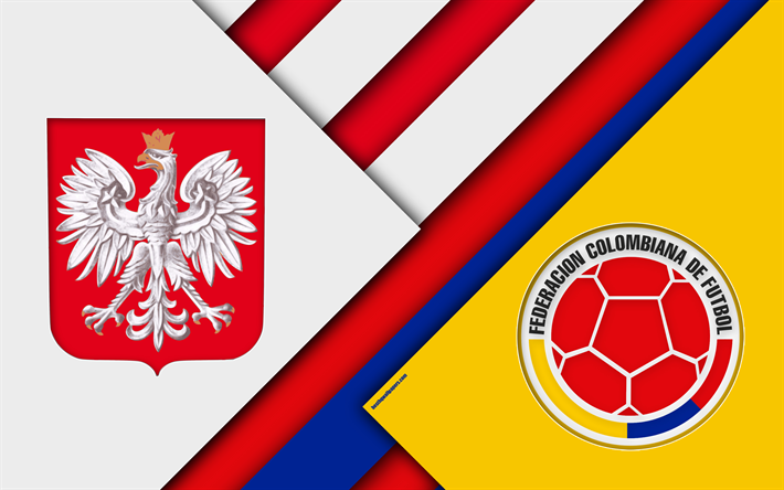 Poland vs Colombia, football match, 4k, 2018 FIFA World Cup, Group H, logos, material design, abstraction, Russia 2018, football, national teams, creative art, promo