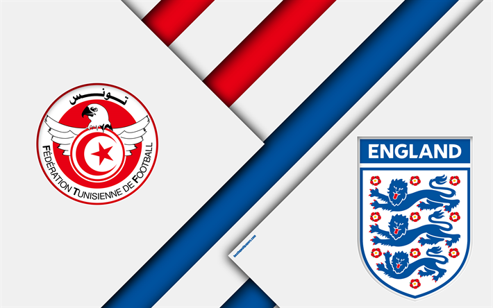 Tun&#237;sia vs Inglaterra, partida de futebol, 4k, Copa do Mundo da FIFA de 2018, Grupo G, logotipos, design de material, abstra&#231;&#227;o, A r&#250;ssia 2018, futebol, equipas nacionais, arte criativa, promo