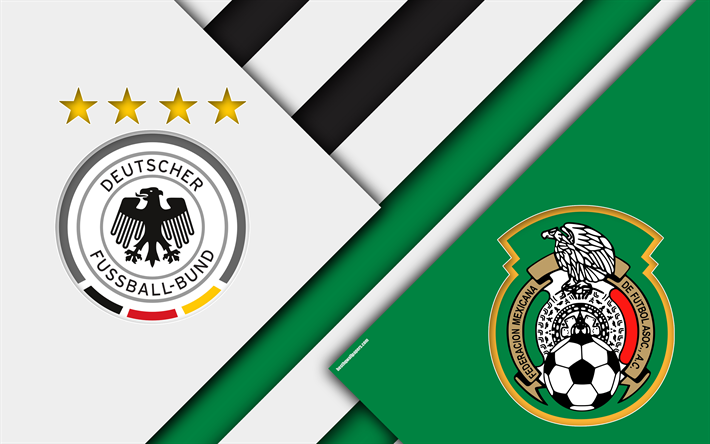 Germany vs Mexico, football match, 4k, 2018 FIFA World Cup, Group F, logos, material design, abstraction, Russia 2018, football, national teams, creative art, promo