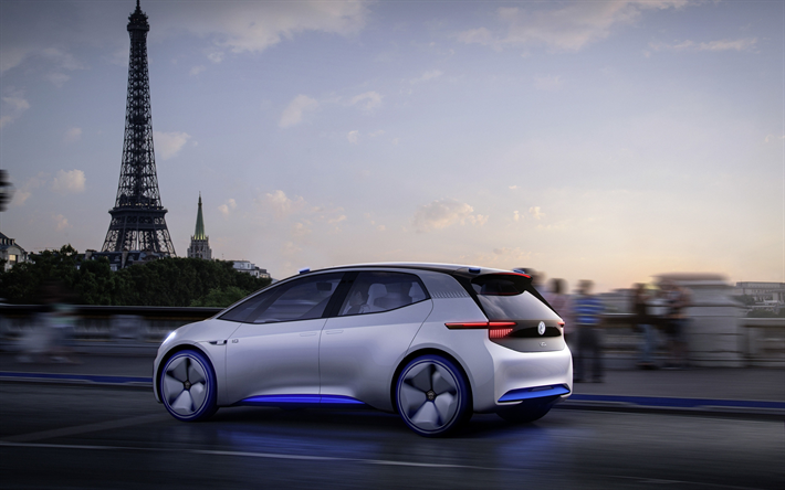 Volkswagen ID, 2020, 4k, exterior, vista posterior, coche el&#233;ctrico, crossover, los coches del futuro, Par&#237;s, Torre Eiffel, Francia, Volkswagen