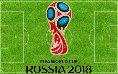 4k, Rusia 2018, campo de f&#250;tbol, Copa Mundial de la FIFA Rusia 2018, Copa Mundial de la FIFA 2018, logotipo, verde hierba, f&#250;tbol, FIFA, Copa Mundial de F&#250;tbol de 2018, creativo