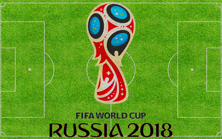 4k, Russia 2018, football field, FIFA World Cup Russia 2018, FIFA World Cup 2018, logo, green grass, soccer, FIFA, football, Soccer World Cup 2018, creative