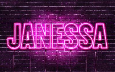 Janessa, 4k, tapeter med namn, kvinnliga namn, Janessa namn, lila neon lights, Grattis P&#229; F&#246;delsedagen Janessa, bild med Janessa namn