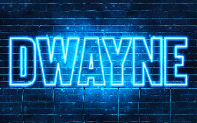 Dwayne, 4k, pap&#233;is de parede com os nomes de, texto horizontal, Dwayne nome, Feliz Anivers&#225;rio Dwayne, luzes de neon azuis, imagem com Dwayne nome