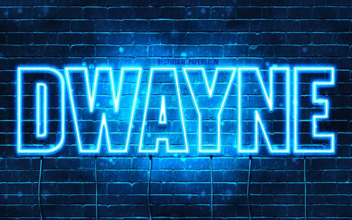 Dwayne, 4k, pap&#233;is de parede com os nomes de, texto horizontal, Dwayne nome, Feliz Anivers&#225;rio Dwayne, luzes de neon azuis, imagem com Dwayne nome