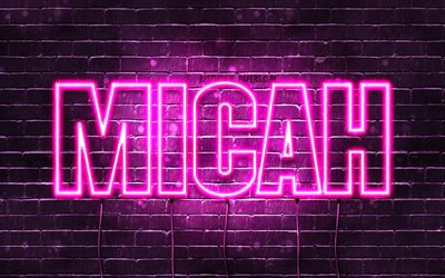 Micah, 4k, sfondi per il desktop con i nomi, nomi di donna, Mica nome, viola neon, buon Compleanno Michea, l&#39;immagine con il nome di Micah
