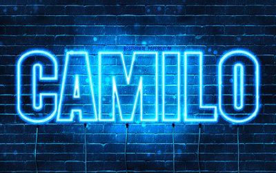 Camilo, 4k, taustakuvia nimet, vaakasuuntainen teksti, Camilo nimi, Hyv&#228;&#228; Syntym&#228;p&#228;iv&#228;&#228; Camilo, blue neon valot, kuva Camilo nimi