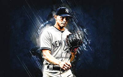 Jonathan Loaisiga, MLB, New York Yankees, blue stone background, baseball, portrait, USA, Nicaragua baseball player, creative art