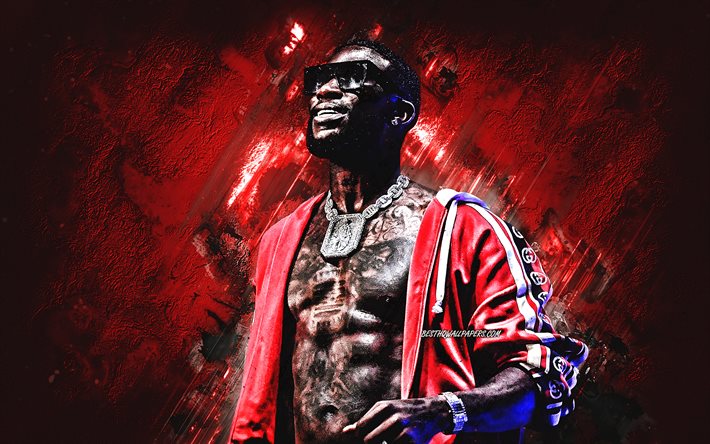 Gucci Mane, amerikkalainen r&#228;pp&#228;ri, muotokuva, punainen kivi tausta, creative art, Radric Davis Delantic