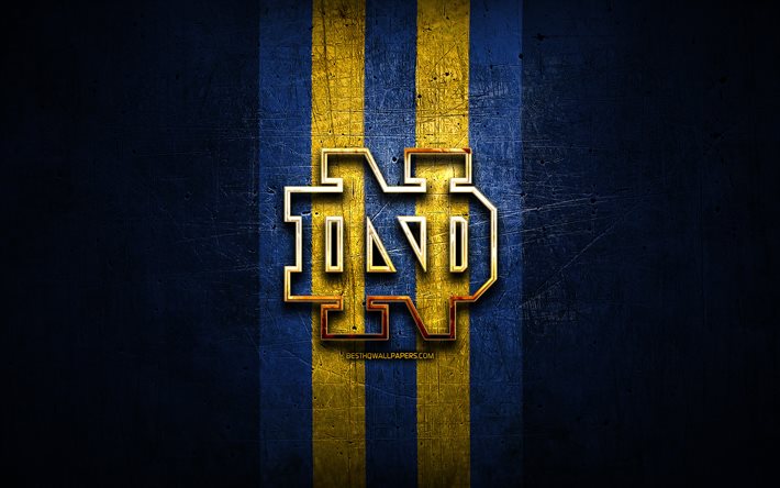Notre Dame Fighting Irish, kultainen logo, NCAA, sininen metalli tausta, american football club, Notre Dame Fighting Irish logo, amerikkalainen jalkapallo, USA