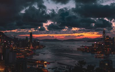 Hong Kong, skyline, sunset, skyscrapers, modern buildings, asian cities, China, Hong Kong in evening, Asia