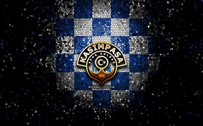 Kasimpasa FC, glitter, logo, Super League turca, blu, bianco, sfondo a scacchi, il calcio, il Kasimpasa SK, squadra di calcio turco, Kasimpasa logo, mosaico di arte, di calcio, Turchia