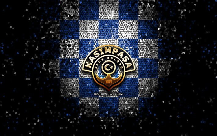 kasimpasa fc -, glitzer-logo, t&#252;rkische super league, blau-wei&#223;-karierten hintergrund, fu&#223;ball, kasimpasa sk, t&#252;rkische fu&#223;ball-club kasimpasa logo -, mosaik-kunst, t&#252;rkei