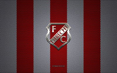 FC Utrecht logo, Dutch football club, metal emblem, red and white metal mesh background, FC Utrecht, Eredivisie, Utrecht, Netherlands, football