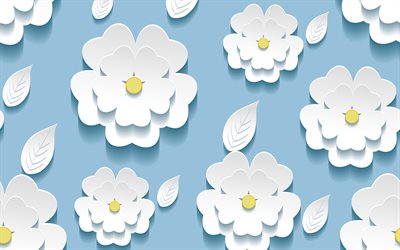 白3D花, 4k, 花のパターン, 青色の背景, 3D花, 青抽象的背景, 3D花織, 3D質感, 背景の花
