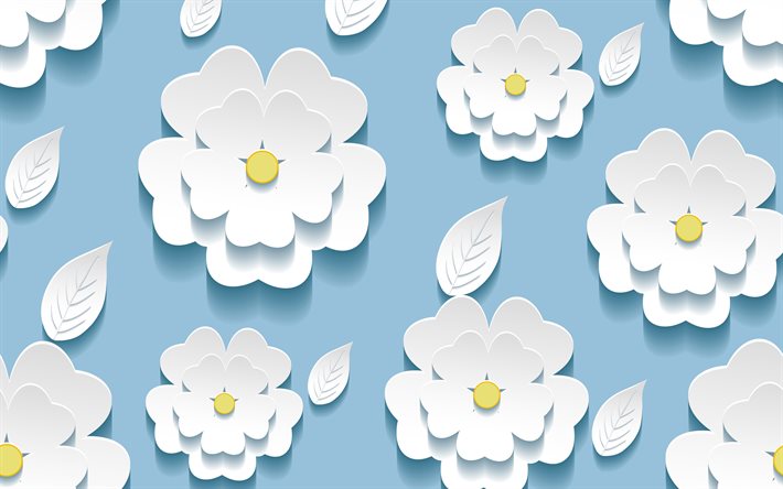 white 3D flowers, 4k, floral patterns, blue backgrounds, 3D flowers, blue abstract background, 3D flowers textures, 3D textures, background with flowers