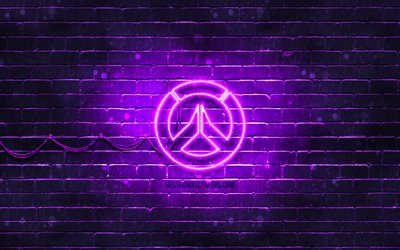 Overwatch violett logotyp, 4k, violett brickwall, Overwatch logotyp, 2020 spel, Overwatch neon logotyp, Overwatch