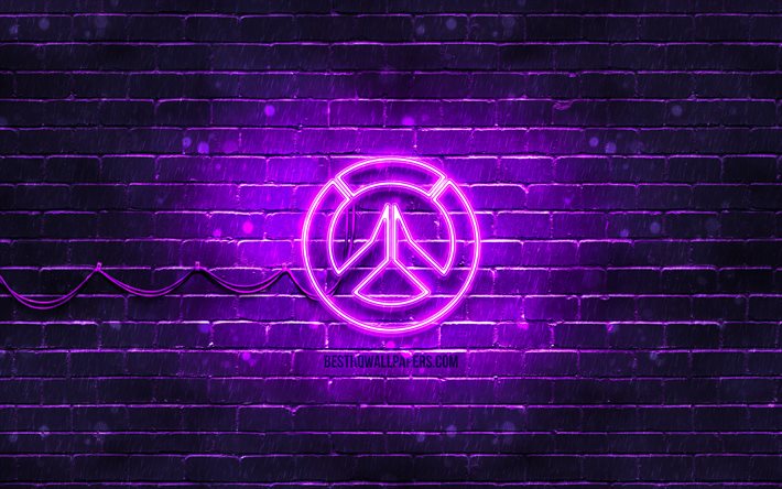 overwatch violett-logo, 4k, violett brickwall, overwatch-logo 2020 spiele, overwatch neon-logo, overwatch