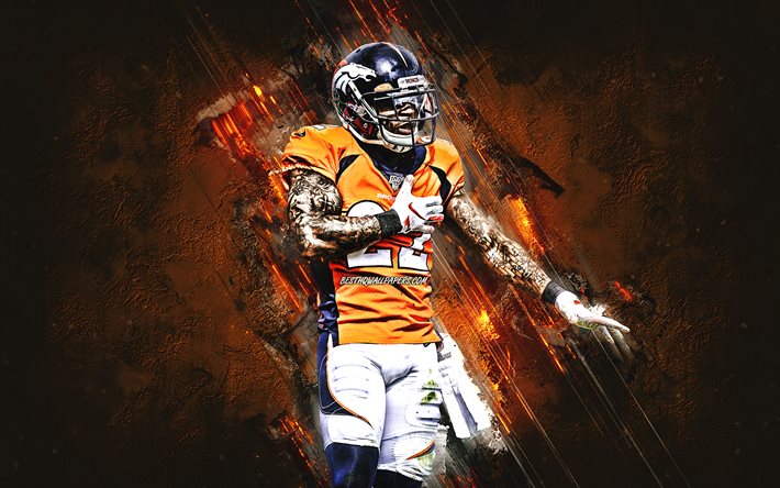 Kareem Jackson, Denver Broncos, NFL, american football, portrait, orange stone background, creative art, National Football League