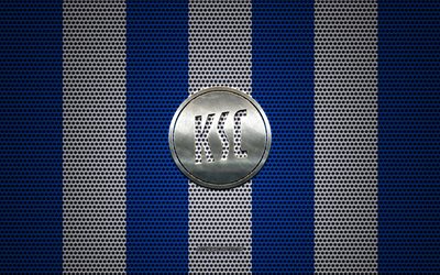 Karlsruher SCマーク, ドイツサッカークラブ, 金属エンブレム, 青と白の金属メッシュの背景, Karlsruher SC, 2ブンデスリーガ, カールスルーエ, ドイツ, サッカー
