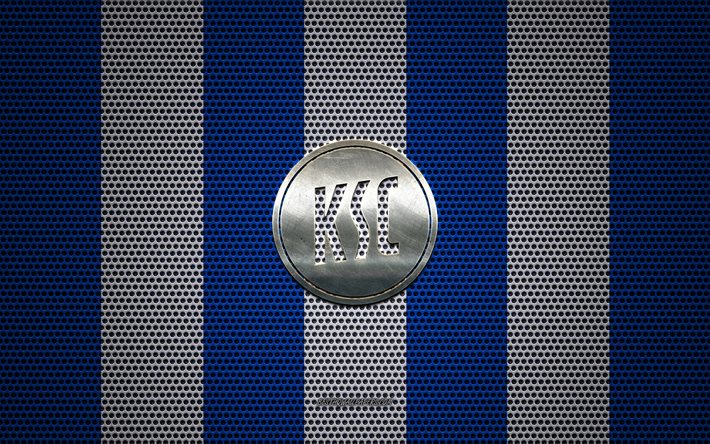 Karlsruher SC logo, squadra di calcio tedesca, metallo emblema, bianco e blu, di maglia di metallo sfondo, Karlsruher SC, 2 Bundesliga, Karlsruher, Germania, calcio