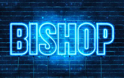 Bishop, 4k, wallpapers with names, horizontal text, Bishop name, Happy Birthday Bishop, blue neon lights, picture with Bishop name