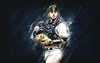Kyle Higashioka, MLB, Nova York Yankees, a pedra azul de fundo, beisebol, retrato, EUA, jogador de beisebol americano, arte criativa