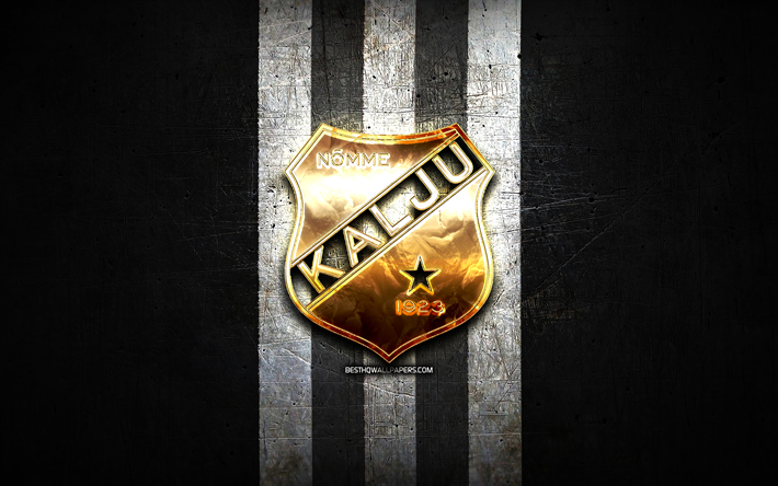 nomme kalju fc, logo dorato, meistriliiga, metallo nero sfondo, calcio, club calcistico estone, logo nomme kalju, kalju fc