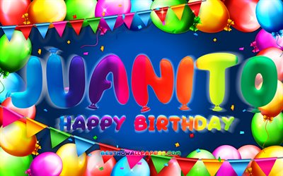 joyeux anniversaire juanito, 4k, color&#233; ballon cadre, juanito nom, fond bleu, juanito joyeux anniversaire, juanito anniversaire, les noms masculins mexicains populaires, anniversaire concept, juanito