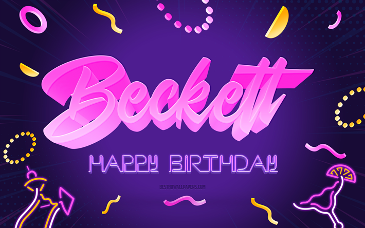 Happy Birthday Beckett, 4k, Purple Party Background, Beckett, creative art, Happy Beckett birthday, Beckett name, Beckett Birthday, Birthday Party Background