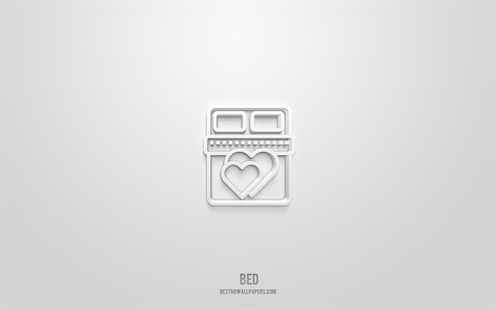 Bed 3d icon, white background, 3d symbols, Bed, hotel icons, 3d icons, Bed sign, hotel 3d icons